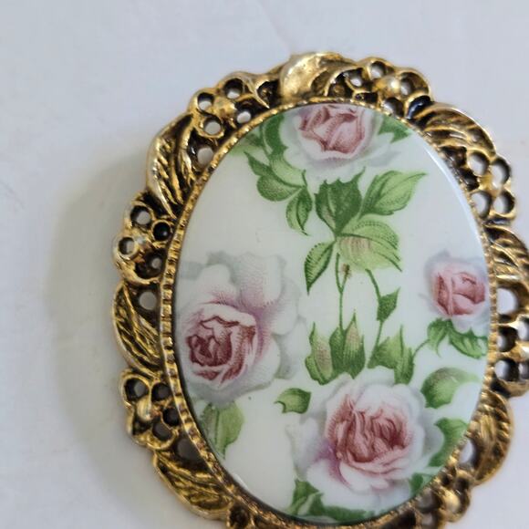 Vintage Rose Brooch Pendant Antiqued Gold Tone Filigree Cottagecore Victorian - Picture 3 of 9
